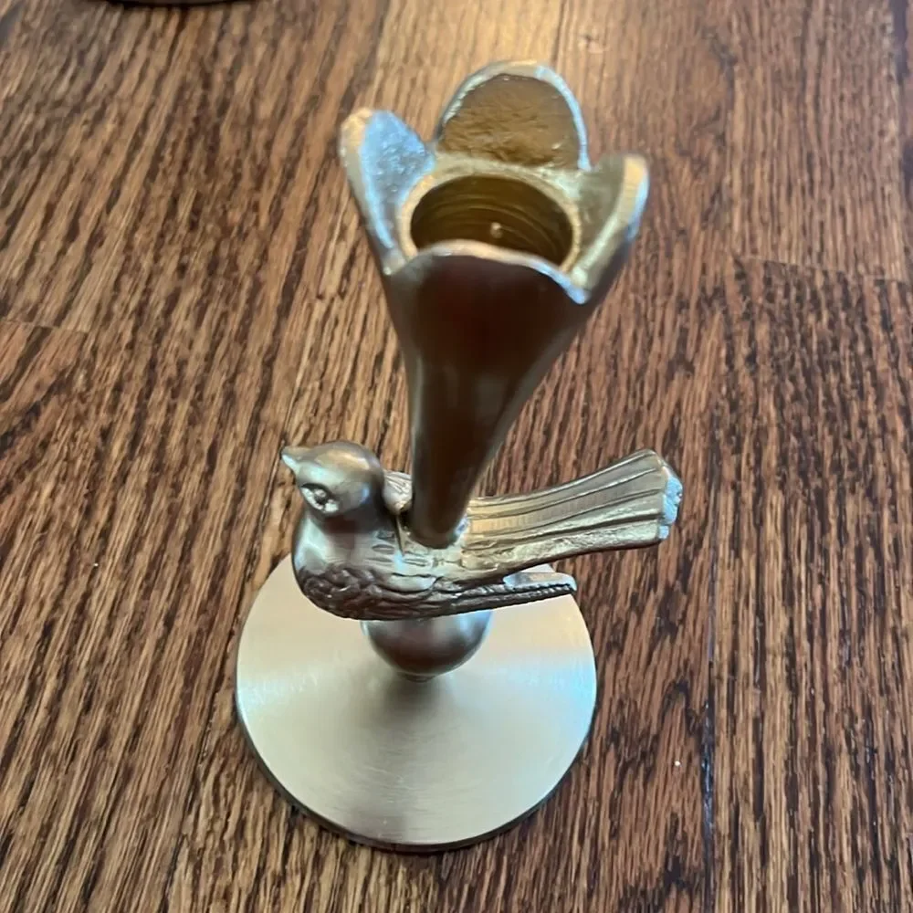 Anthropologie Marizia Sparrow Metal Taper Candle Holder Gold Birds Nature